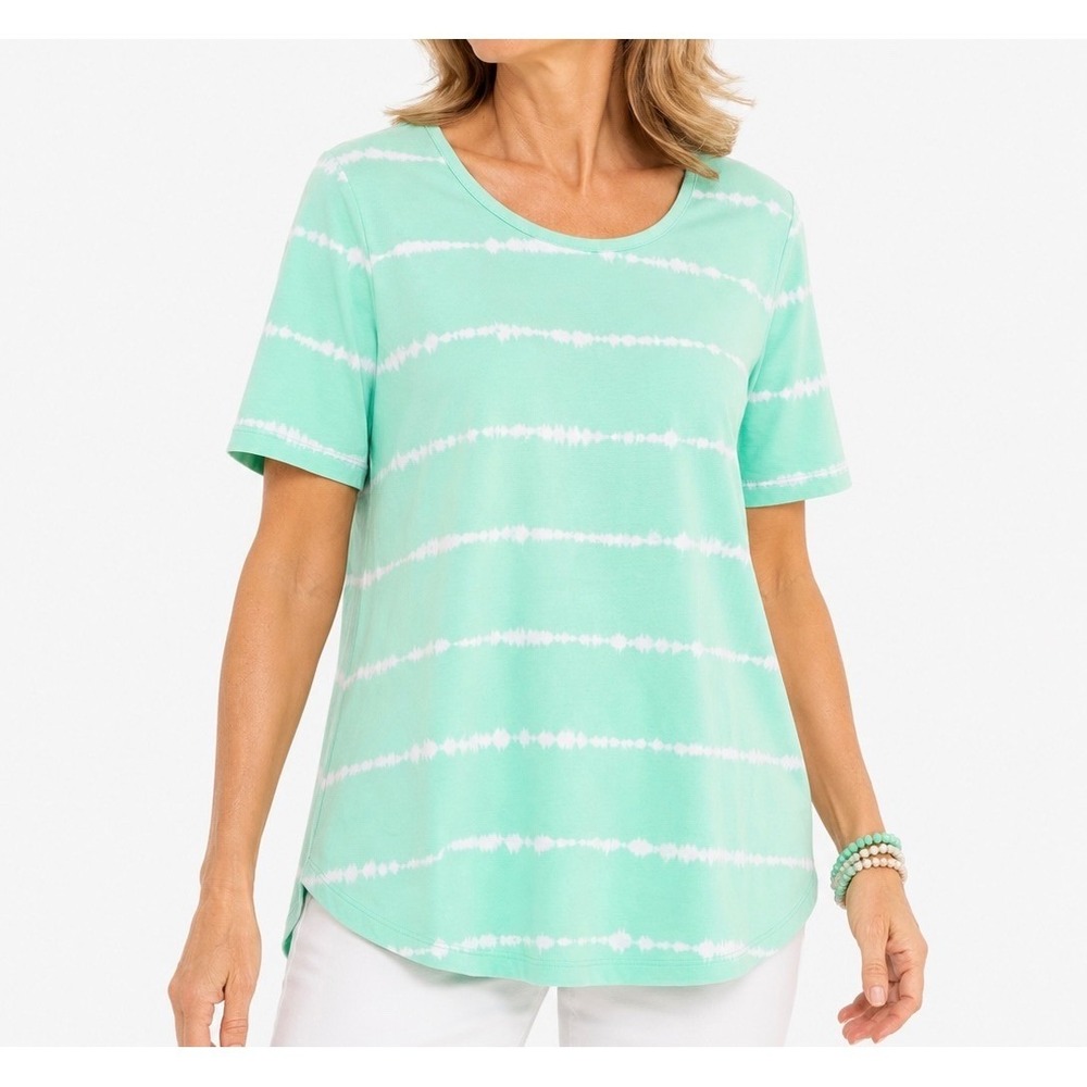 Denim & Co Mint Green Tie Dye Stripe Short Sleeve T-Shirt Tunic Womens Medium